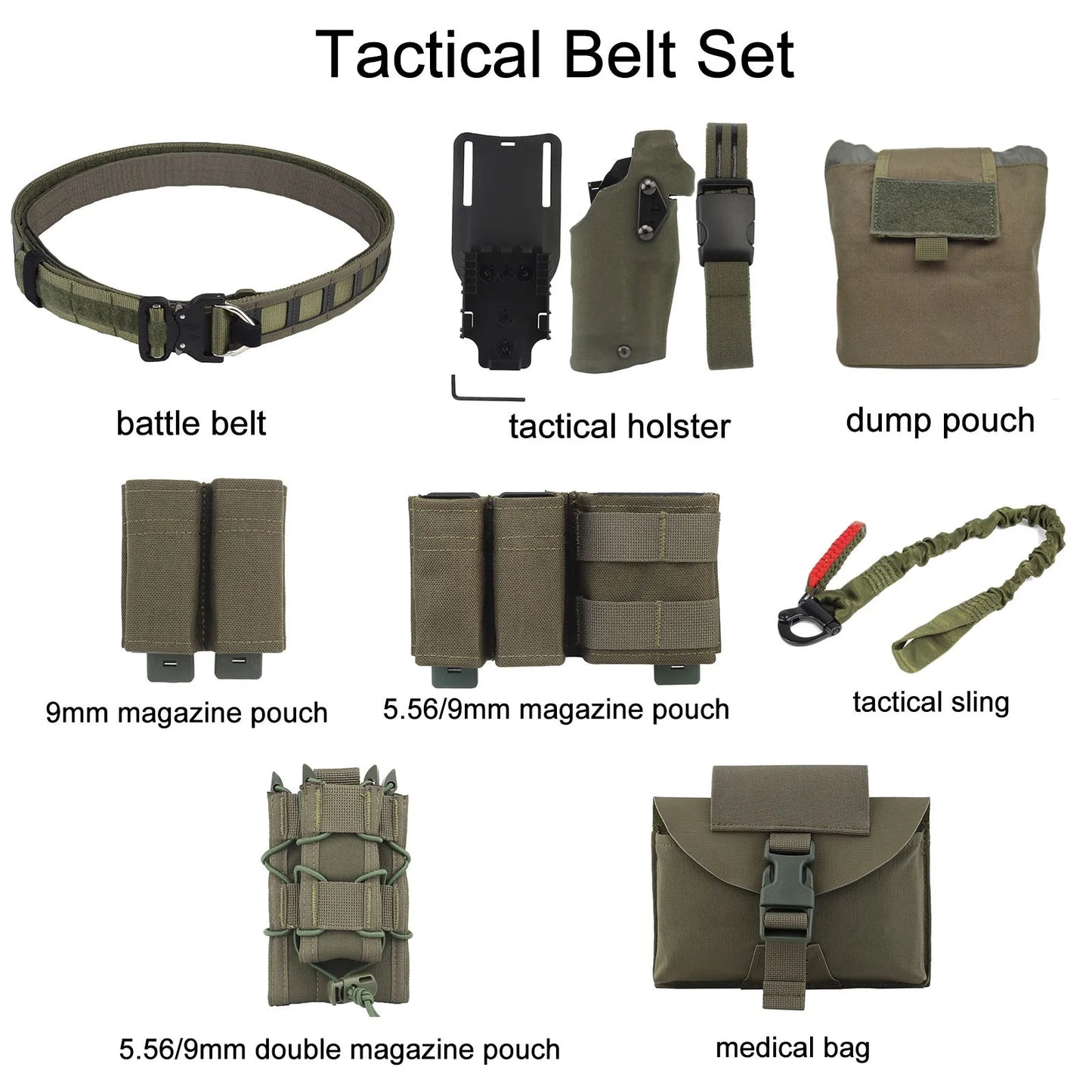 Battle Belt Set with Tactical Holster & 5.56/9mm Pouch & Dump Pouch & Medical Pouch, Airsoft Molle Adjustable Belt Hunting Acces