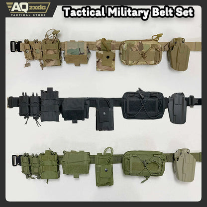 Tactical Military Belt Set with Combination Mag Bag & Recovery Bag & Walkie-Talkie Bag & Quick holster & Sundrie Bag for CS Game