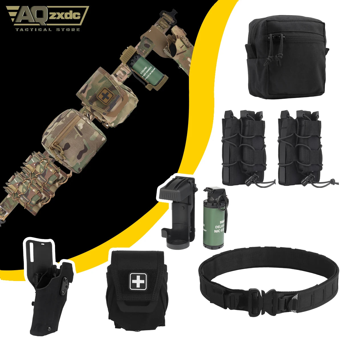 Tactical Assault Belt Set with PHC Belt & G17 ALS Quick Release Holster & Mag Bag & Medical Bag & GP Bag & M18 Grenade Model