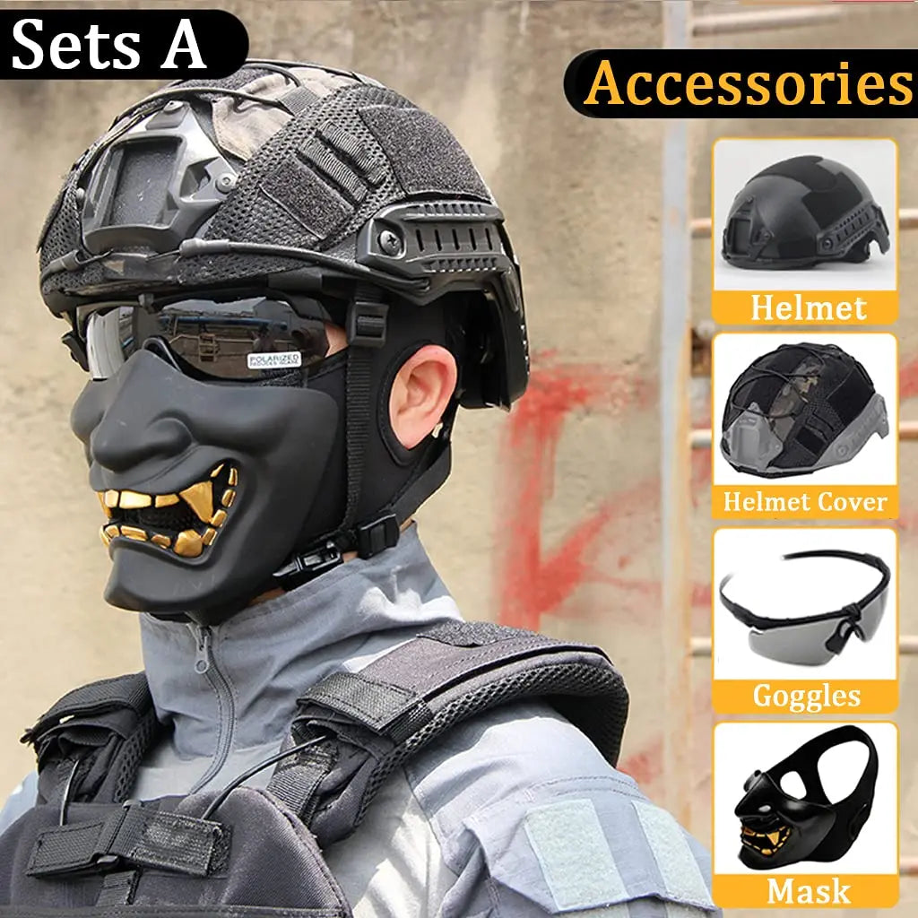 AQ Tactical Helmet Sets, Outdoor Gear with Military Headset & Binoculars & Goggles, Heavy Men's Full Set of Paintball Protective