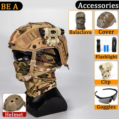 FAST Tactical Helmet Sets, with Tactical Headset and Telescope Model, Visor & Goggles, Flashlight, Signal Flashing Light, Mount