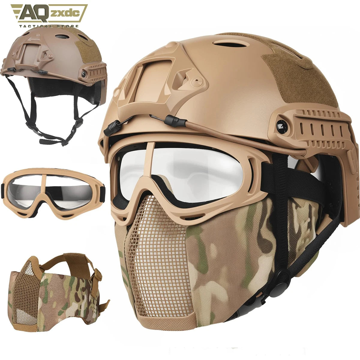 AQzxdc Tactical Helmet Set, Airsoft Mask Mesh Elastic Balaclava Mask, Anti Fog Airsoft Goggles, Tactical Full Face Protection