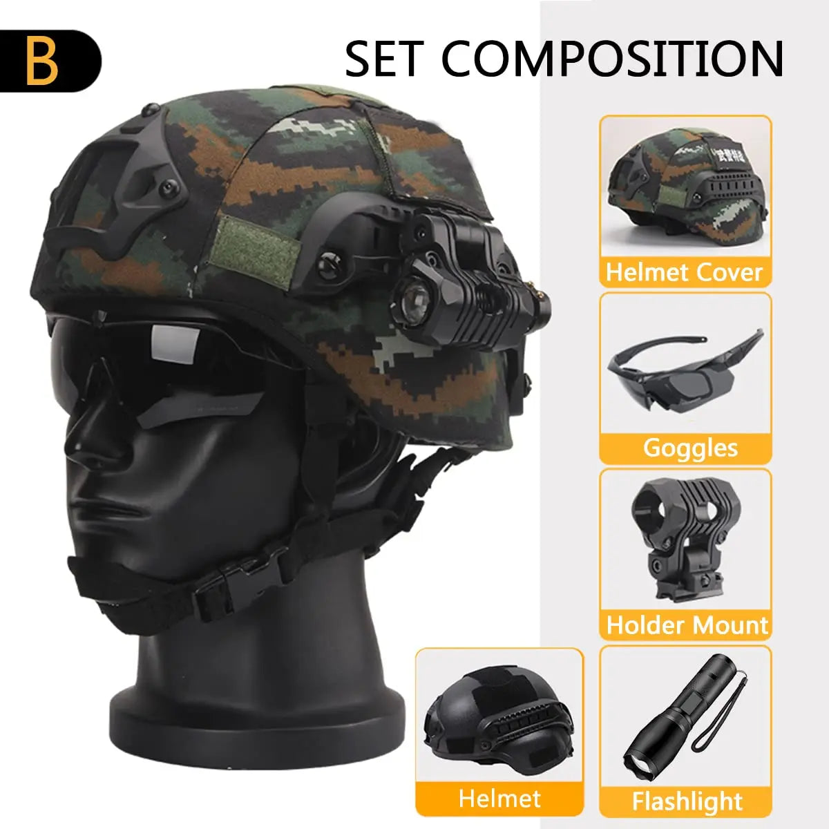 AQzxdc Airsoft Helmet Set (7mm), with Tactical Goggles, Helmet Cover, PVS15/18 NVG Mount, Helmet Signal Light, Flashlight