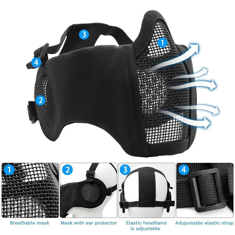 AQzxdc Airsoft Mask with Goggles Foldable Half Face Airsoft Mesh Mask with Ear Protection for Paintball Shooting Cosplay CS Game
