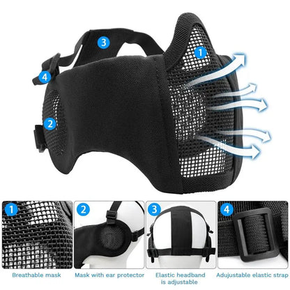 AQzxdc Airsoft Mask with Goggles Foldable Half Face Airsoft Mesh Mask with Ear Protection for Paintball Shooting Cosplay CS Game