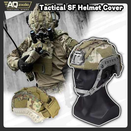 AQzxdc Tactical Ultra-High Cut Gen2 SF Helmet Cover Camo Helmet Cloth W/ Pouch with NVG Battery Pouch Hunting Hybrid Mesh Cover