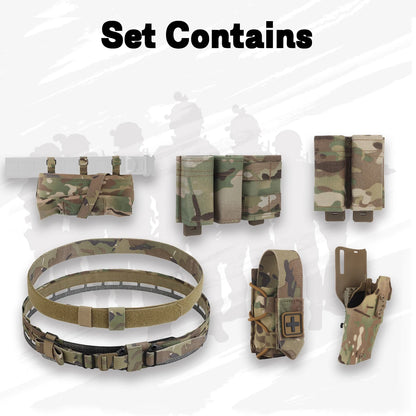 Tactical Assault Belt with Quick-Draw Holster & Triple Mag Bag & Foldable Sundries Bag & Medical Bag & Double Pack for airsoft