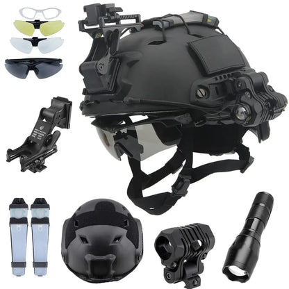 Airsoft Helmet Set, Tactical Goggles Helmet Light Signal Light Tactical Flashlight and Night Vision Goggle (Nvg) Mount Bracket