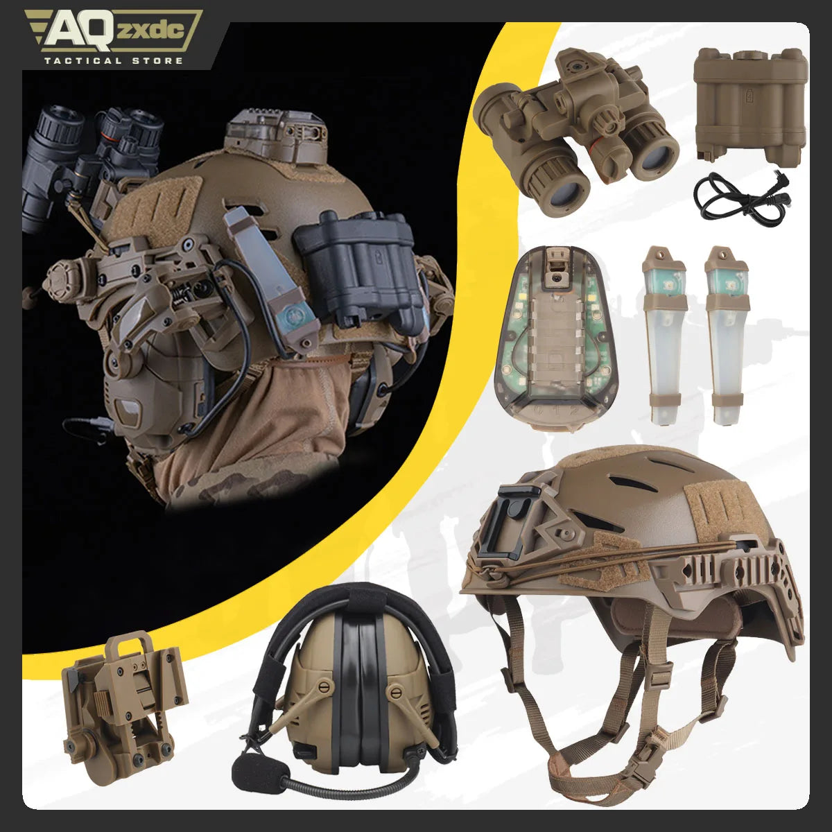Windy Airsoft Helmet Set with Noise Cancelling Bluetooth Headset & G24 NVG Bracket & NVG Model & Signal Marker Light for Hunting
