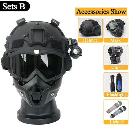 Mich 2000 Tactical Safety Protective Helmet, wiht mask and Goggles Sets, with NVG Bracket and Side Rail for Airsoft Tactical