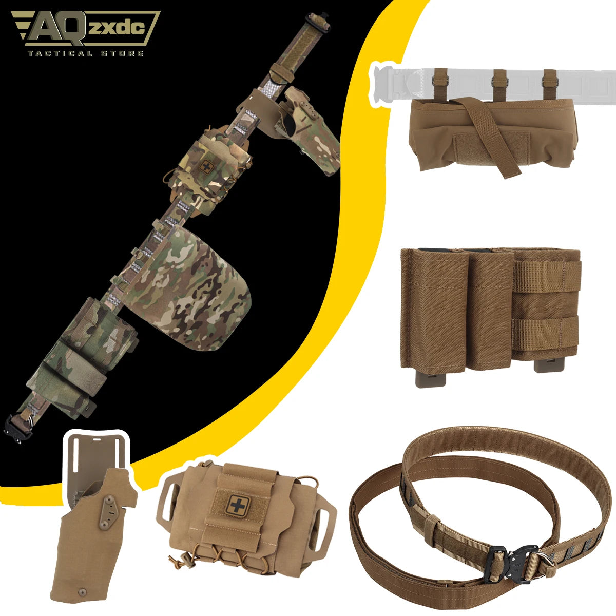 Outdoor Hunting Belt with ALS Quick Draw Holster & Triple Mag Bag & IFAK Medical Bag & Folding Sundry Bag for Airsoft Paintball