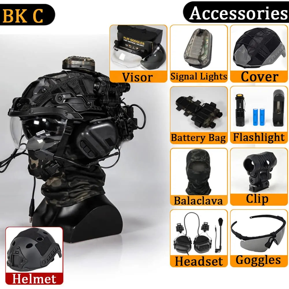 FAST Tactical Helmet Sets, with Tactical Headset and Telescope Model, Visor & Goggles, Flashlight, Signal Flashing Light, Mount