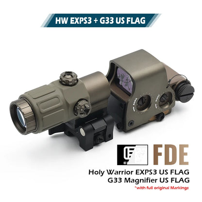 Holy Warrior EXPS3 Holographic Red Dot Sight with G33 3X Magnifier with Fast Optic Riser and FTC Mount Combo with Full Markings