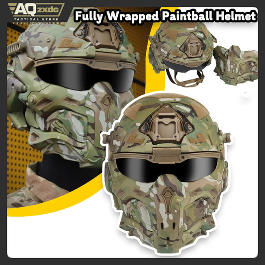 AQzxdc Fully Wrapped Paintball Helmet, Integrated Helmets, Masks, Goggles, Defogging Fans, All-in-One Design, Detachable Mask