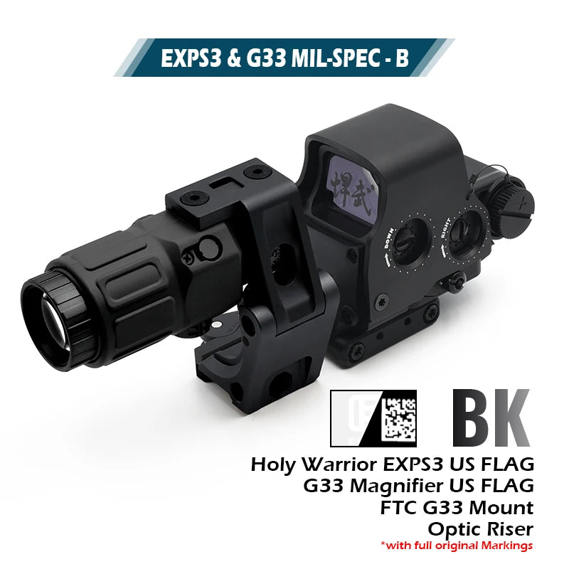 Holy Warrior EXPS3 Holographic Red Dot Sight with G33 3X Magnifier with Fast Optic Riser and FTC Mount Combo with Full Markings