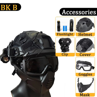 AQzxdc FAST Helmet Set, with Airsoft Mask and Goggles, Sound Pickup and Noise Canceling Headphones, Flashlight & Helmet Cover