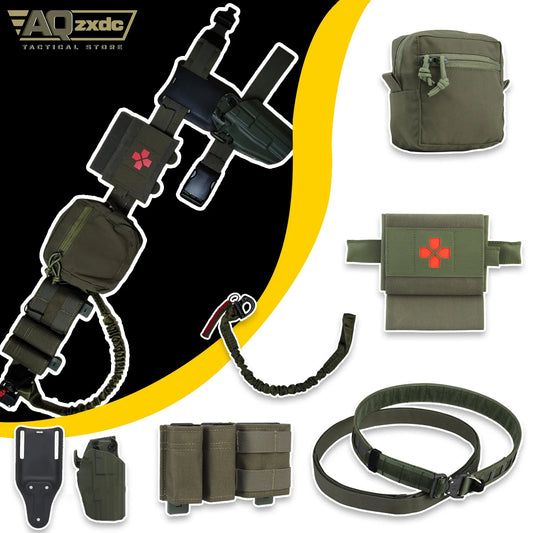 Tactical Military Belt Set With Right Hand Universal Holster & Quick Medical Kit & Small Sundries Bag & Triple Mag Bag & Gun Rop