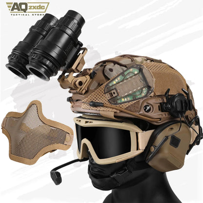 AQzxdc Tactical Helmet with Headset,Adjustable Helmet with Helmet Cover and Fcae Mask for Cosplay Military Tactical Airsoft Gear