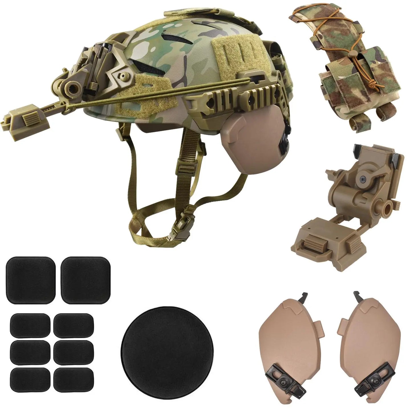 Airsoft Helmet Set with Rail 3.0 Adjustable Chin Strap/Protective Ear Side Cover/Night Vision Mount and Helmet Battery Pouch