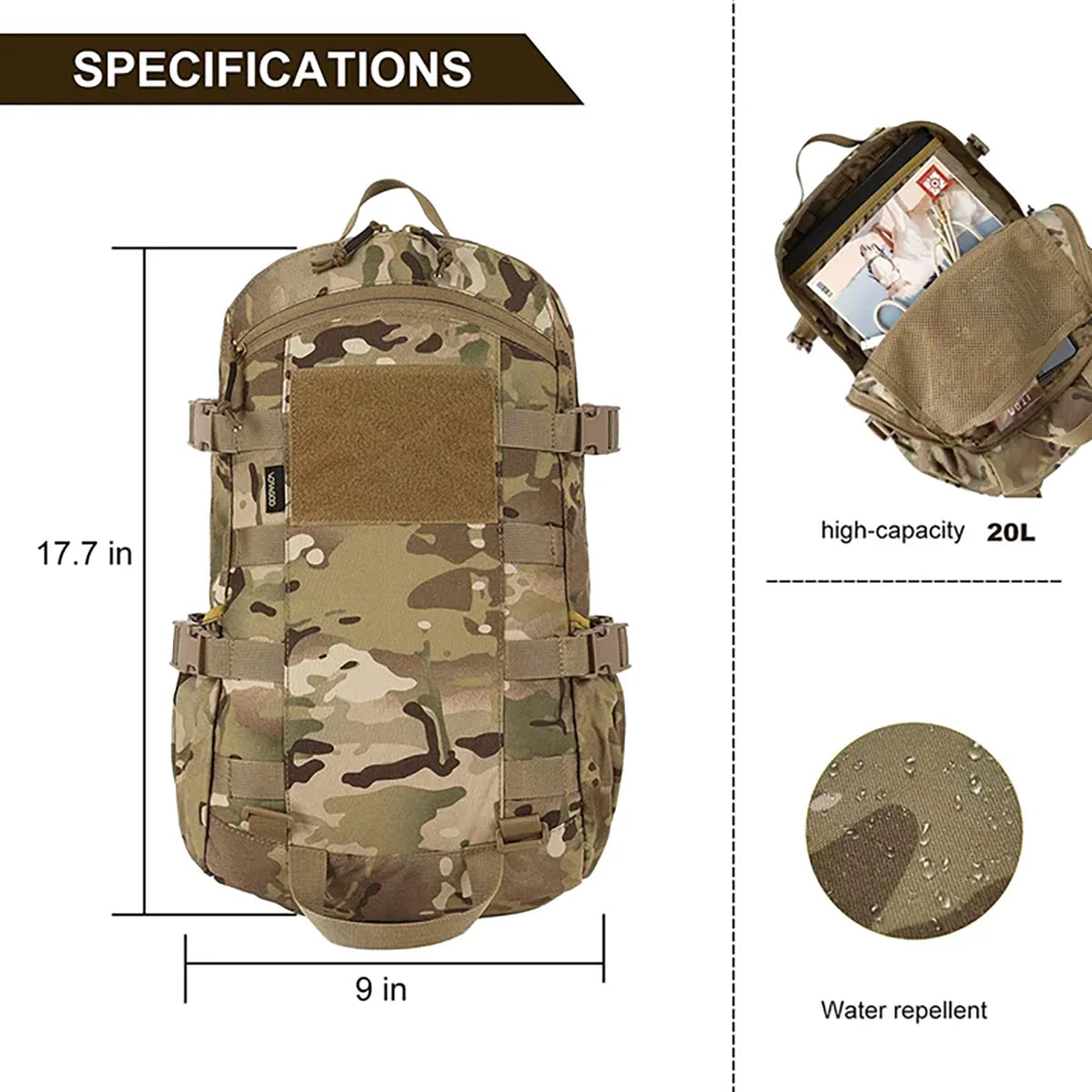 AQzxdc PTG Large Tactical Backpacks 20L Molle Assault Rucksack Waterproof Outdoor Hiking Camping Mountaineering Backpacks
