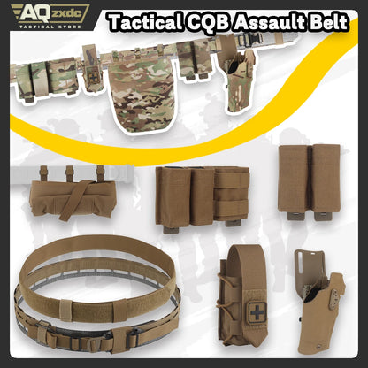 Tactical Assault Belt with Quick-Draw Holster & Triple Mag Bag & Foldable Sundries Bag & Medical Bag & Double Pack for airsoft