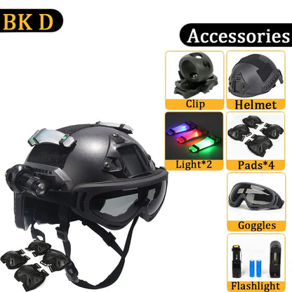 FAST Helmet, with Goggles, Flashlight, Flashing Lights, NVG Imitations, Knee and Elbow Pads, for Outdoor Games Airsoft Paintball