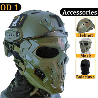 FAST Airsoft Helmet, with Full-Face Skull Paintball Mask, Steel Mesh Earmuffs, Flashlight, for Outdoor Shooting, Hunting, Games
