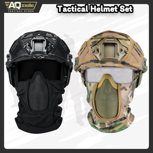 AQzxdc Airsoft Tactical Fast Helmet with Mesh Mask Headgear, PJ Type Paintbal Helmet with NVG Mount for Outdoor Sports CS Game