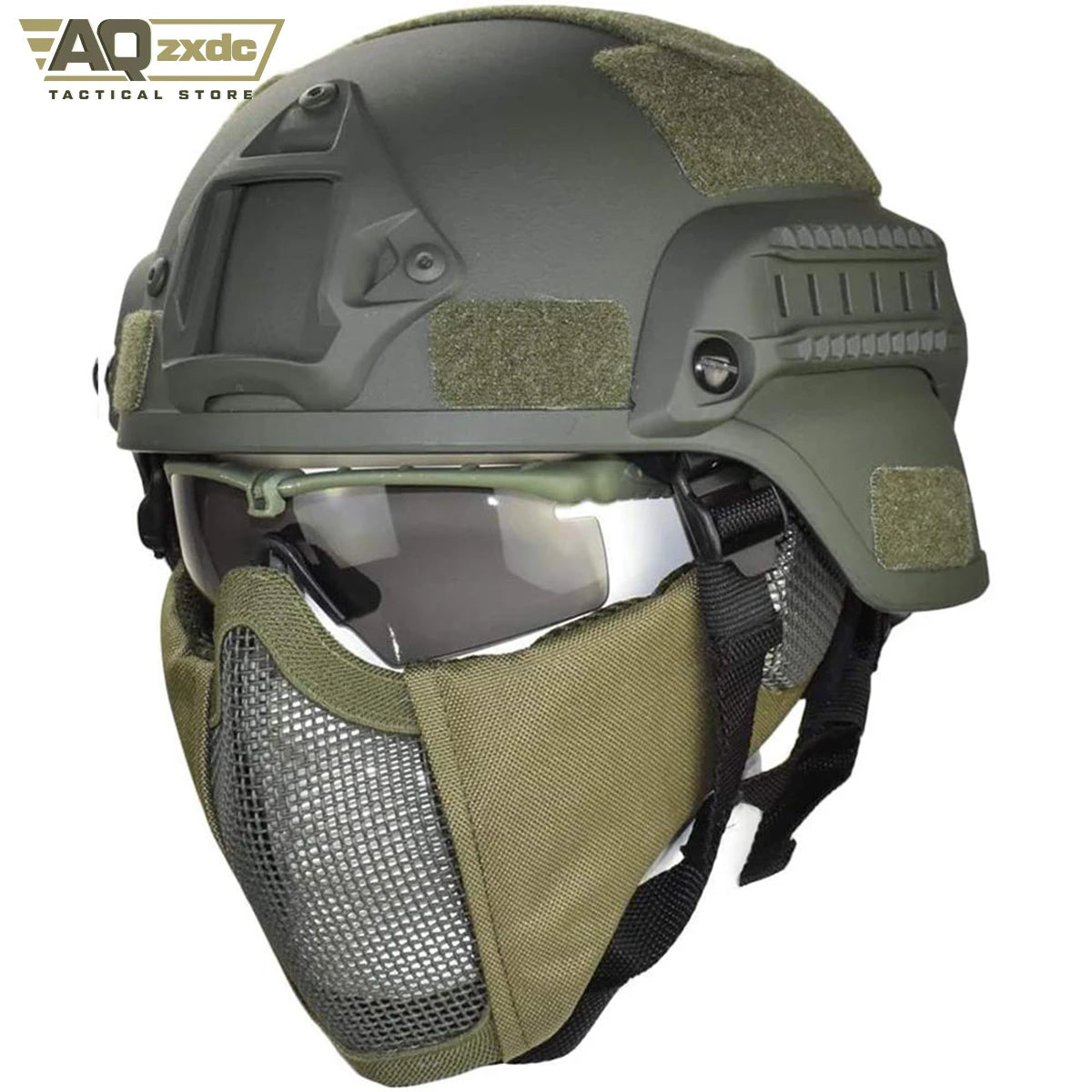 Mich 2000 Style ACH Tactical Helmet with Foldable Ear Protection Dual Straps Half Face Mesh Mask - Goggles for Airsoft Paintball