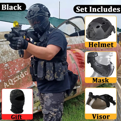 AQzxdc Airsoft Helmet with Tactical Mask and Visor Goggles, 5mm Thick Military Helmet Sets, for BB Sport CQB CS Game Cosplay