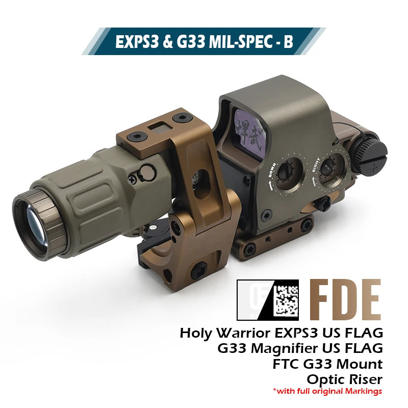 Holy Warrior EXPS3 Holographic Red Dot Sight with G33 3X Magnifier with Fast Optic Riser and FTC Mount Combo with Full Markings