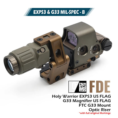 Holy Warrior EXPS3 Holographic Red Dot Sight with G33 3X Magnifier with Fast Optic Riser and FTC Mount Combo with Full Markings