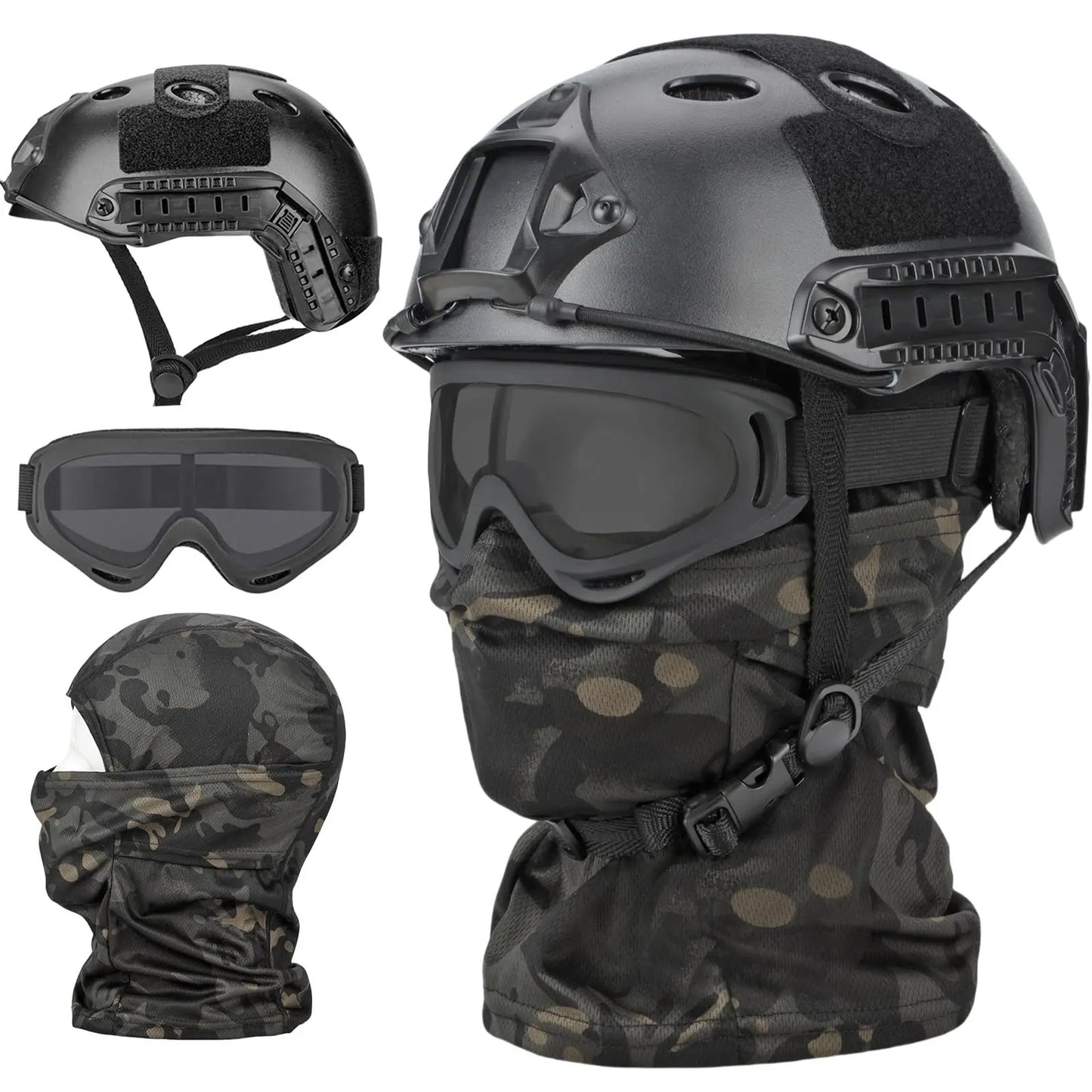 AQzxdc Tactical Helmet Set, Airsoft Mask Mesh,Elastic Balaclava Mask, Anti Fog Airsoft Goggles, Tactical Full Face Protection