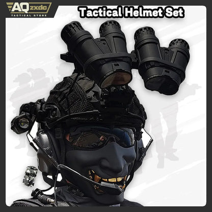 AQ Tactical Helmet Sets, Outdoor Gear with Military Headset & Binoculars & Goggles, Heavy Men's Full Set of Paintball Protective