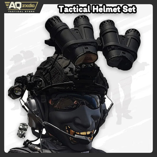 AQ Tactical Helmet Sets, Outdoor Gear with Military Headset & Binoculars & Goggles, Heavy Men's Full Set of Paintball Protective
