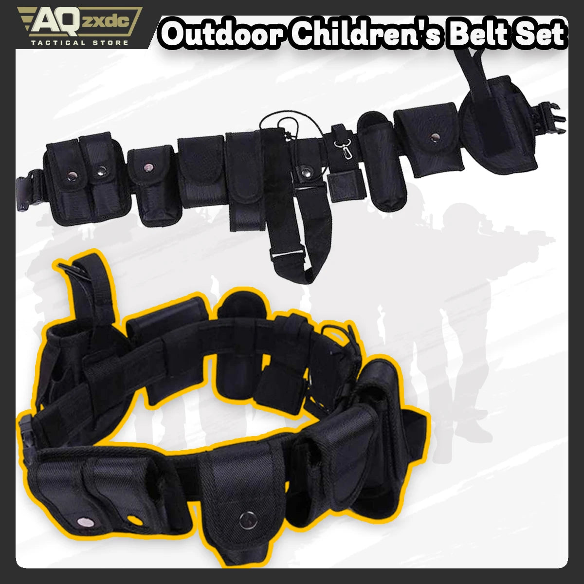 Children's Tactical Belt Set, Outdoor Modular Equipment System, Waist Belt with 9 Component Pockets for Police, Security Guard