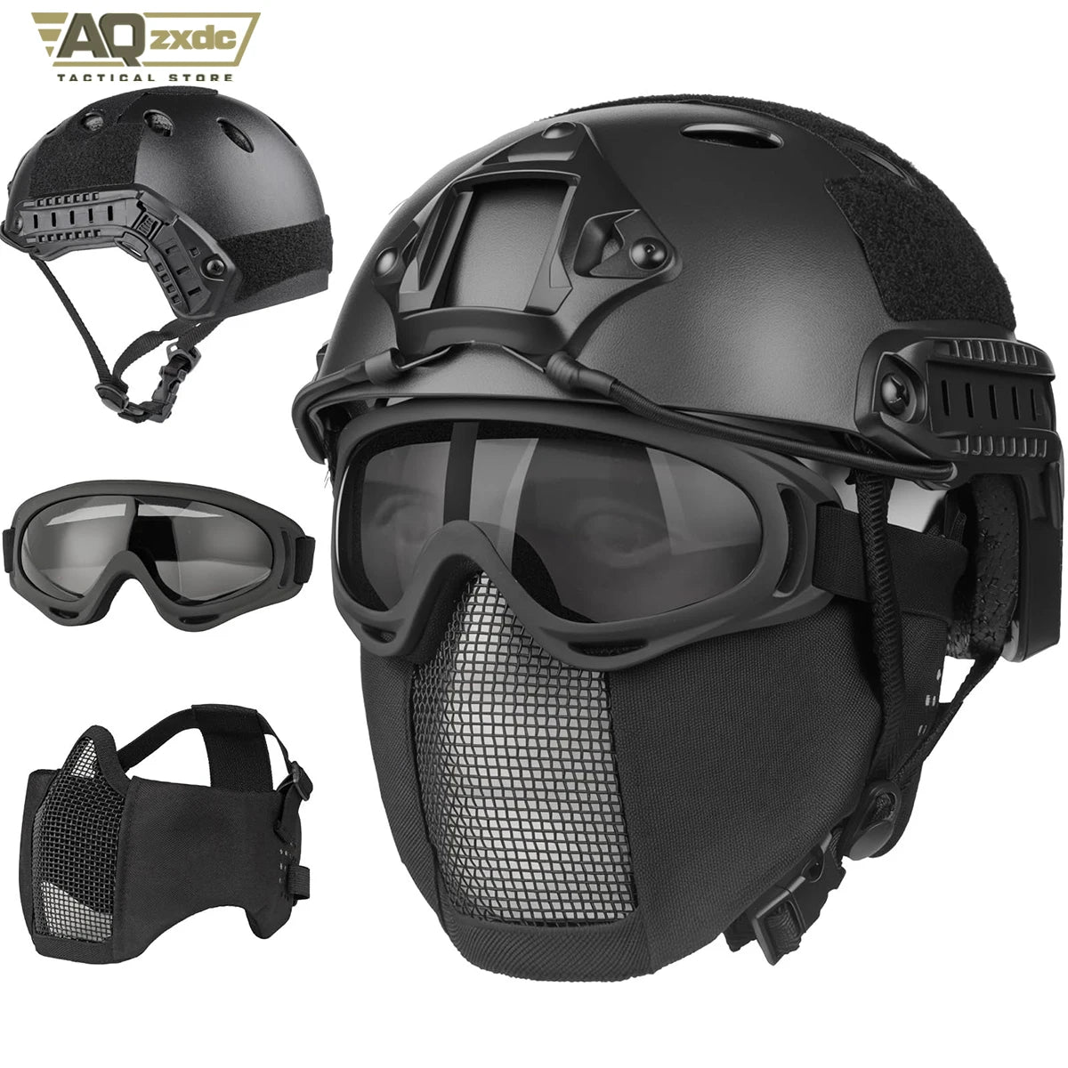 AQzxdc Tactical Helmet Set, Airsoft Mask Mesh Elastic Balaclava Mask, Anti Fog Airsoft Goggles, Tactical Full Face Protection