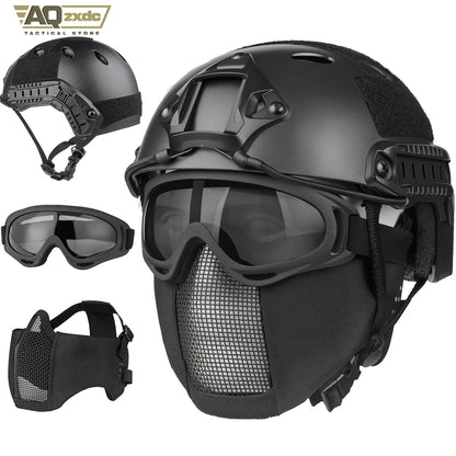 AQzxdc Tactical Helmet Set, Airsoft Mask Mesh Elastic Balaclava Mask, Anti Fog Airsoft Goggles, Tactical Full Face Protection
