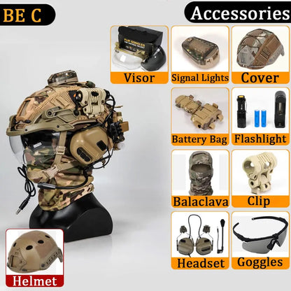 FAST Tactical Helmet Sets, with Tactical Headset and Telescope Model, Visor & Goggles, Flashlight, Signal Flashing Light, Mount