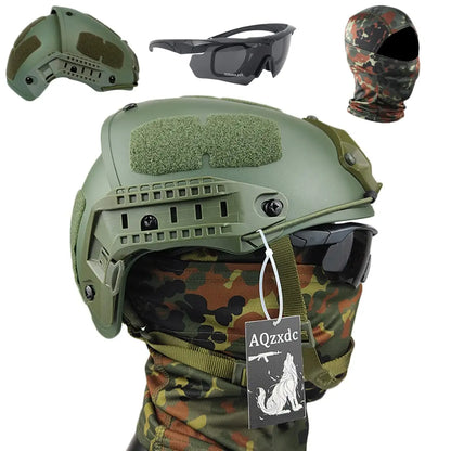 Military AF Replica Helmet, With Tactical Noise Cancelling Headset, Flashlight, Goggles, Flashing Lights, Balaclava