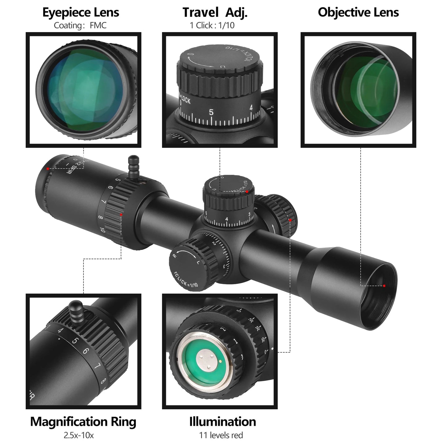2.5-10X32 IR SF Compact Scope LPVO FMC  1/10 MIL Tactical Hunting Riflescope Lock Reset Sight Side Focus Illumina