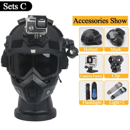 Mich 2000 Tactical Safety Protective Helmet, wiht mask and Goggles Sets, with NVG Bracket and Side Rail for Airsoft Tactical