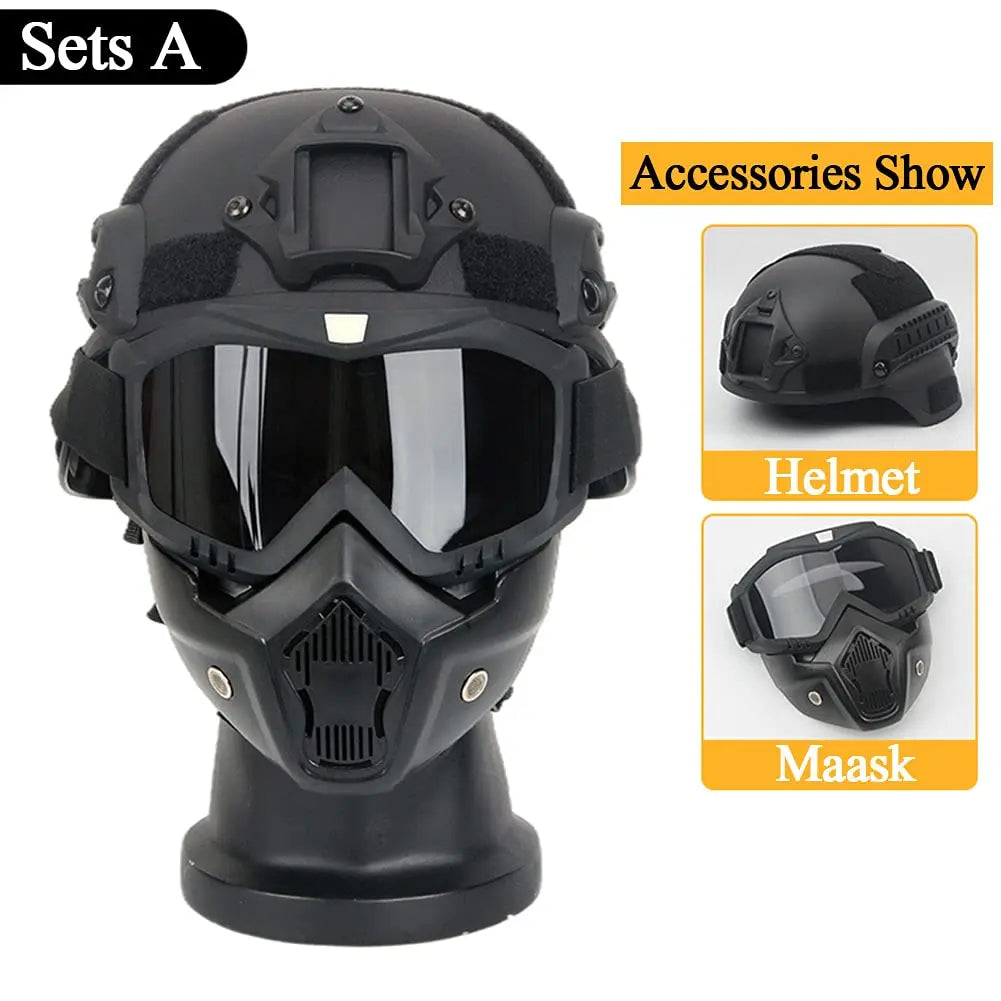Mich 2000 Tactical Safety Protective Helmet, wiht mask and Goggles Sets, with NVG Bracket and Side Rail for Airsoft Tactical