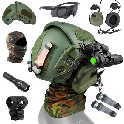 Military AF Replica Helmet, With Tactical Noise Cancelling Headset, Flashlight, Goggles, Flashing Lights, Balaclava