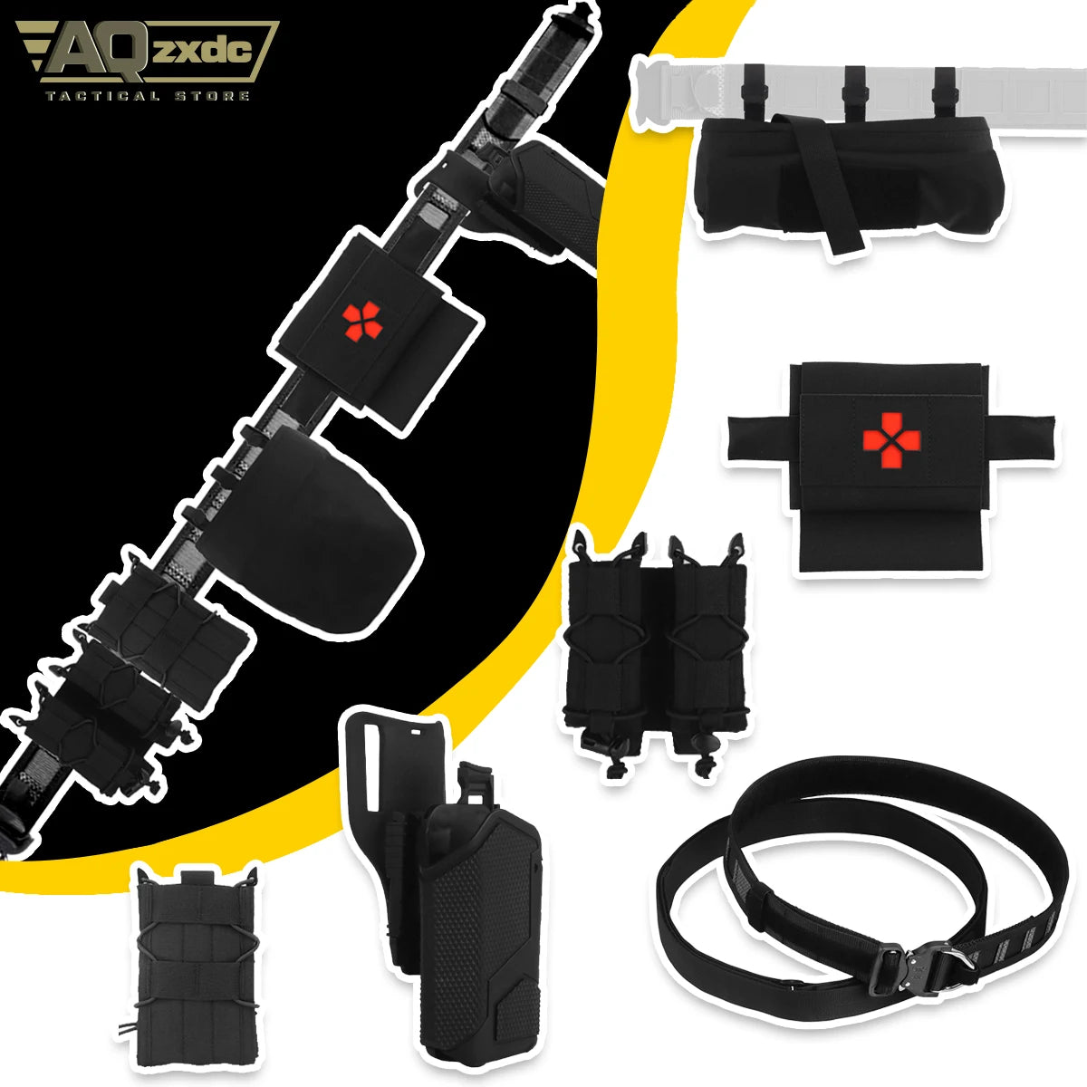 AQzxdc Airsoft Belt Set With Double Magazine Pouch, PHC Recovery Bag, Small Fast Medical Kit, X300 Universal Quick Draw Holster