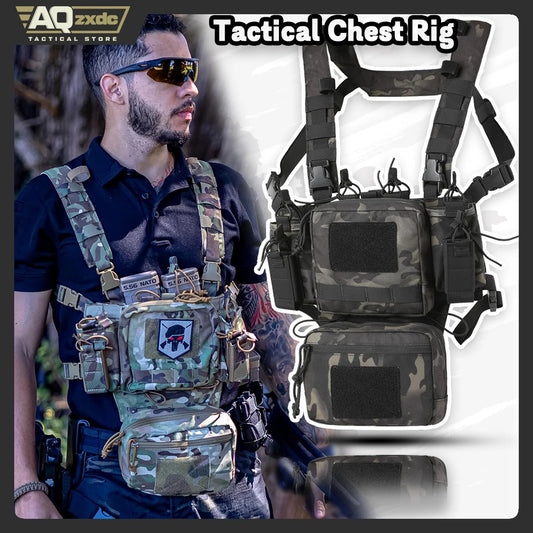 AQzxdc Tactical Chest Rig, Adjustable & Detachable Molle Micro Chest Rigs, with 5.56/7.62 Magazine Pouch, Pistol Pouch for CS