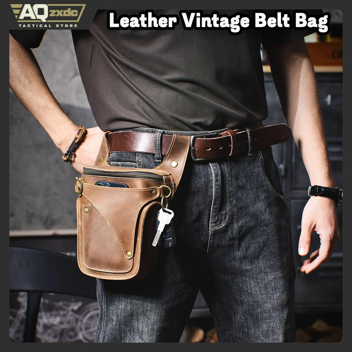Men's Leather Vintage Belt Bag Multipurpose Tactical Waist Pack Outdoor Travel Motorcycle Bicycle Riding Drop Leg Bag Bum Pack