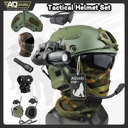 Military AF Replica Helmet, With Tactical Noise Cancelling Headset, Flashlight, Goggles, Flashing Lights, Balaclava