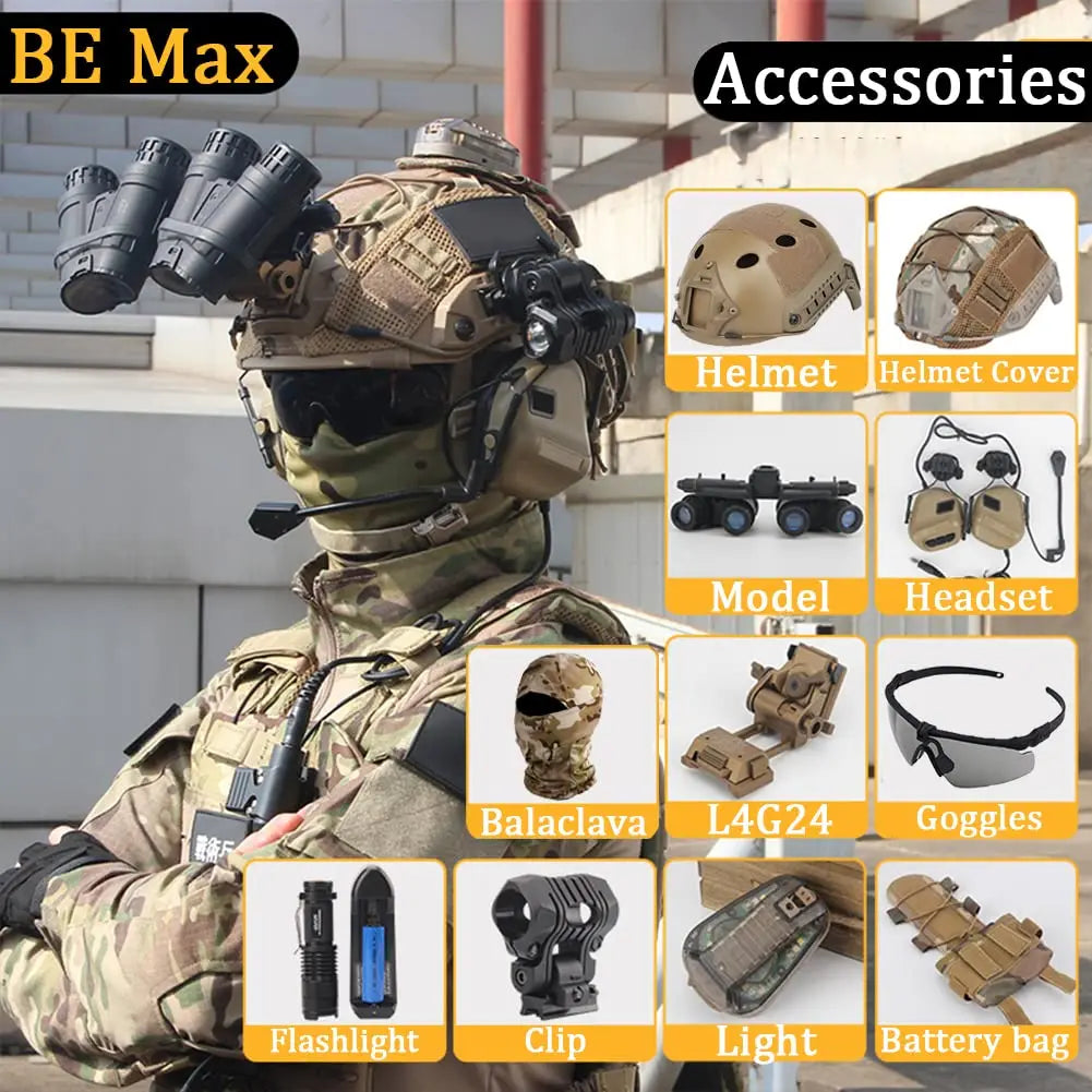 FAST Airsoft Helmet Set, with Four Eyes Telescope Model and Soundproof Headphones, Flashlights, Goggles, Signal Lights Etc