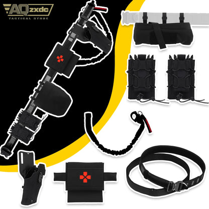 Airsoft Belt Set With Double Rifle Mag Pouch, PHC Recovery Bag, Small Quick Medical Kit, G17 ALS Quick Draw Holster, Gun Rope
